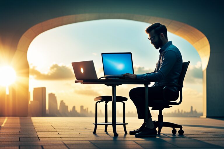 Local SEO, A local social media manager enhances a web design project on a laptop, sitting at a desk under an arch during sunset with the breathtaking city skyline in the background. Web Design, East Texas