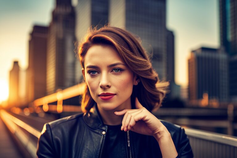 Local SEO, Local Web Design Model: Woman with Wavy Hair Posing in Black Leather Jacket during Sunset City Scenery Web Design, East Texas