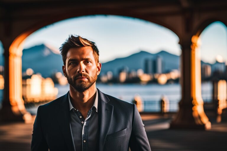 Local SEO, Bearded man in a business suit under an arch, with a scenic backdrop of mountains and a waterfront city at sunset - perfect for local SEO optimization and enhancing web design. Web Design, East Texas
