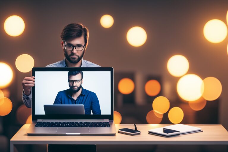 Local SEO, Local SEO and Web Design Expert, A Tech-Savvy Social Media Manager Displaying Nesting Visual Effect on Laptop Screen. His Image Reflects in Glasses Against a Backdrop of Blurred Warm Lights. Smartphone and Tablet Resting on the Table. Web Design, East Texas