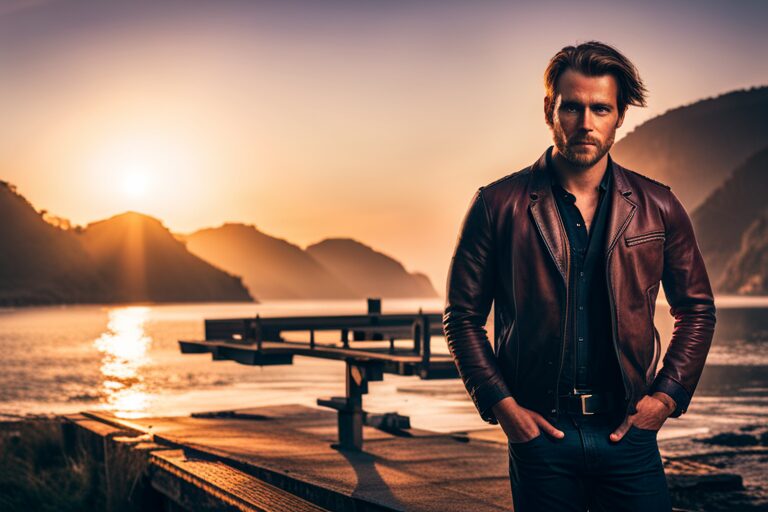Local SEO, Experience the Confidence of Our Local Web Designer, Pictured on a Lakeside Pier in Stunning Sunset Light with Majestic Mountain Backdrop. Offering Expert SEO and Web Design Services in Leather Jacket Aesthetic. Web Design, East Texas