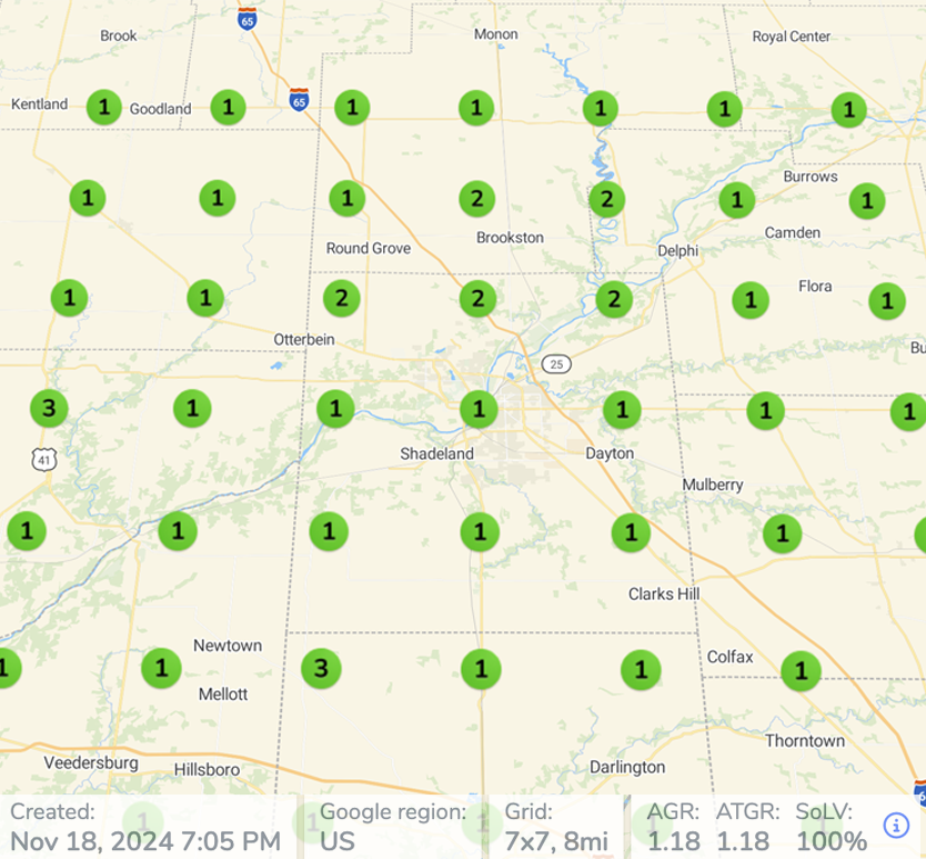 Map showing improved local search rankings for a plumbing business after Trendwise SEO optimization, with green markers indicating top-ranking positions.