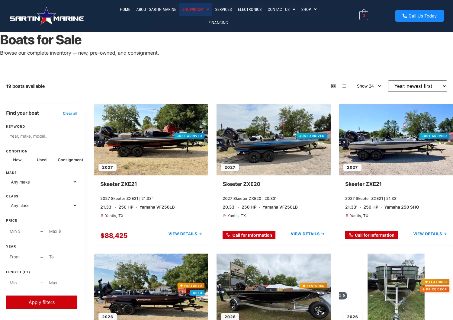 Sartin Marine boats-for-sale inventory page built by Trendwise, with search filters and boat listings