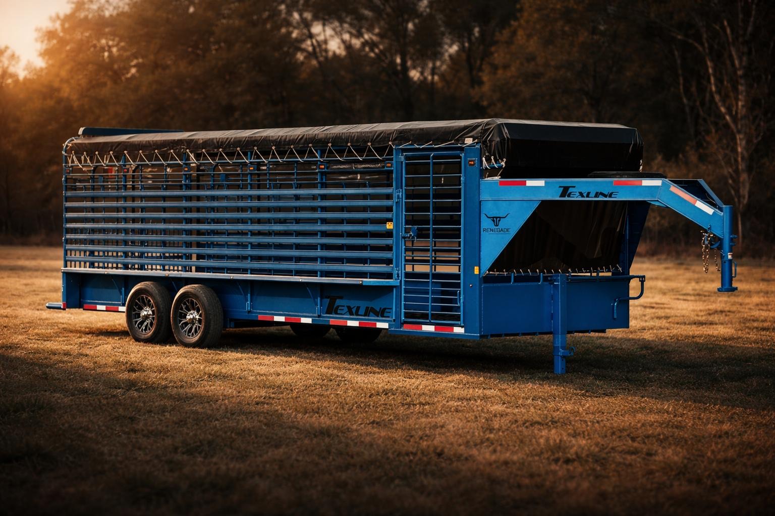 Blue Texline gooseneck livestock trailer photographed in a field at golden hour