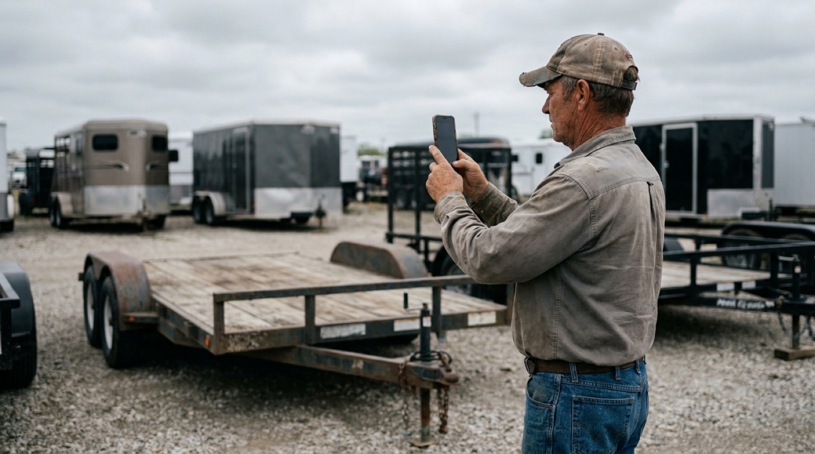 Trailer dealer photographing a flatbed utility trailer with a phone on the lot to add it to the website inventory