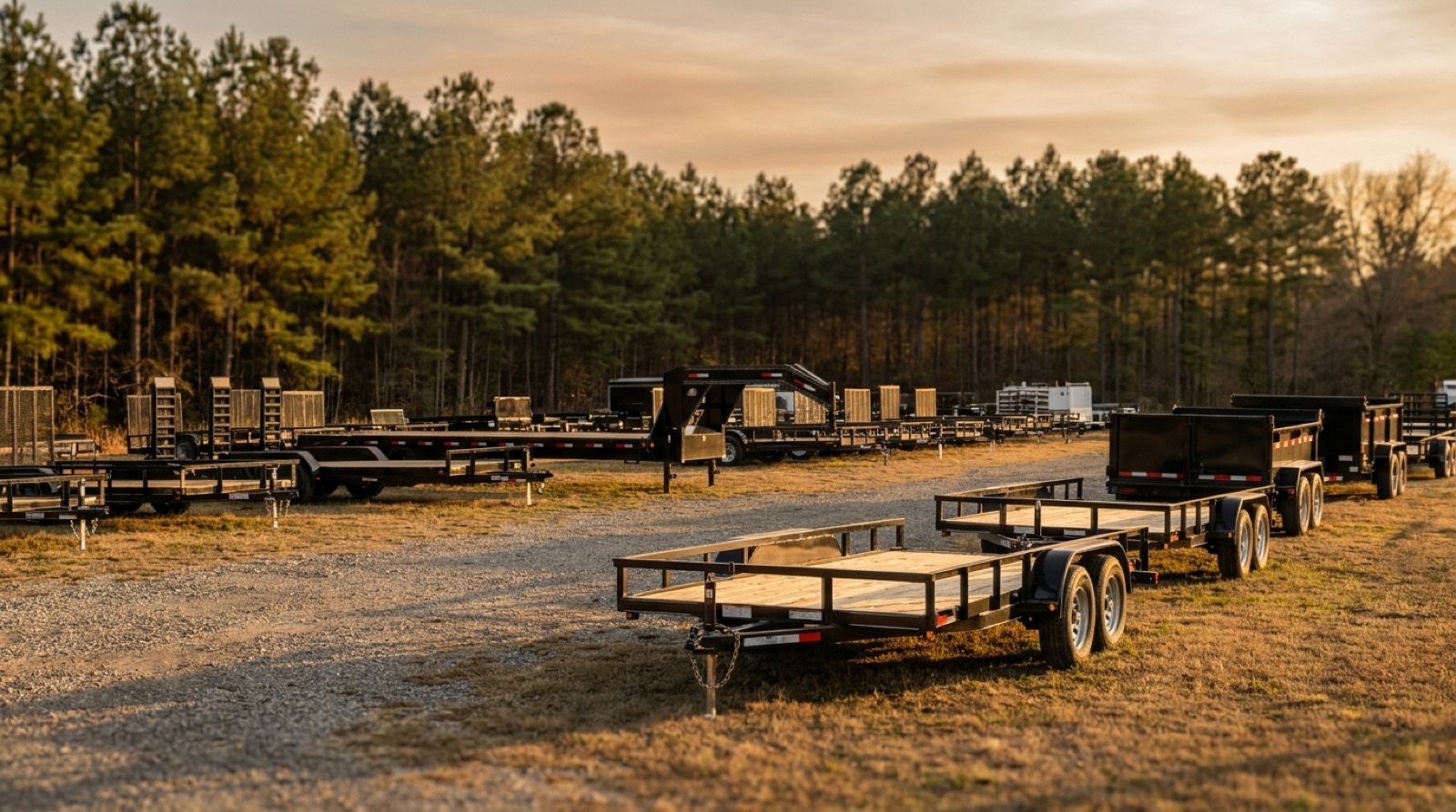 Trailer dealership lot at golden hour with utility, gooseneck and dump trailers lined up for sale