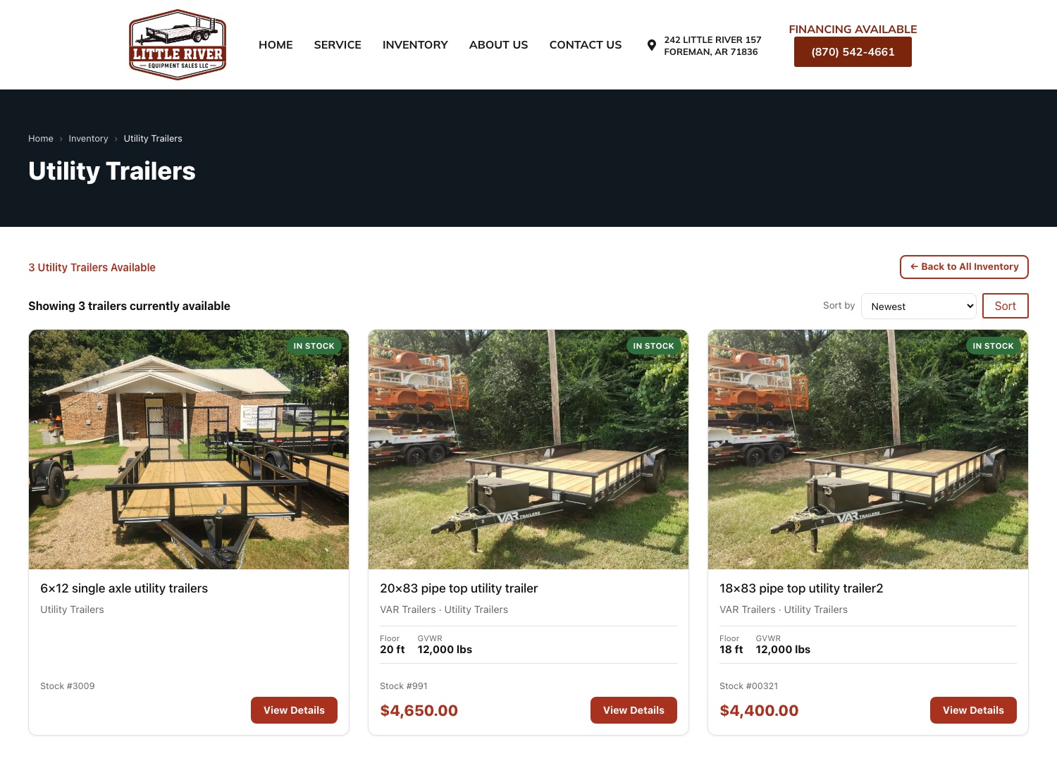 Trailer dealer inventory page built by Trendwise, showing search filters and trailer listings with prices and specs