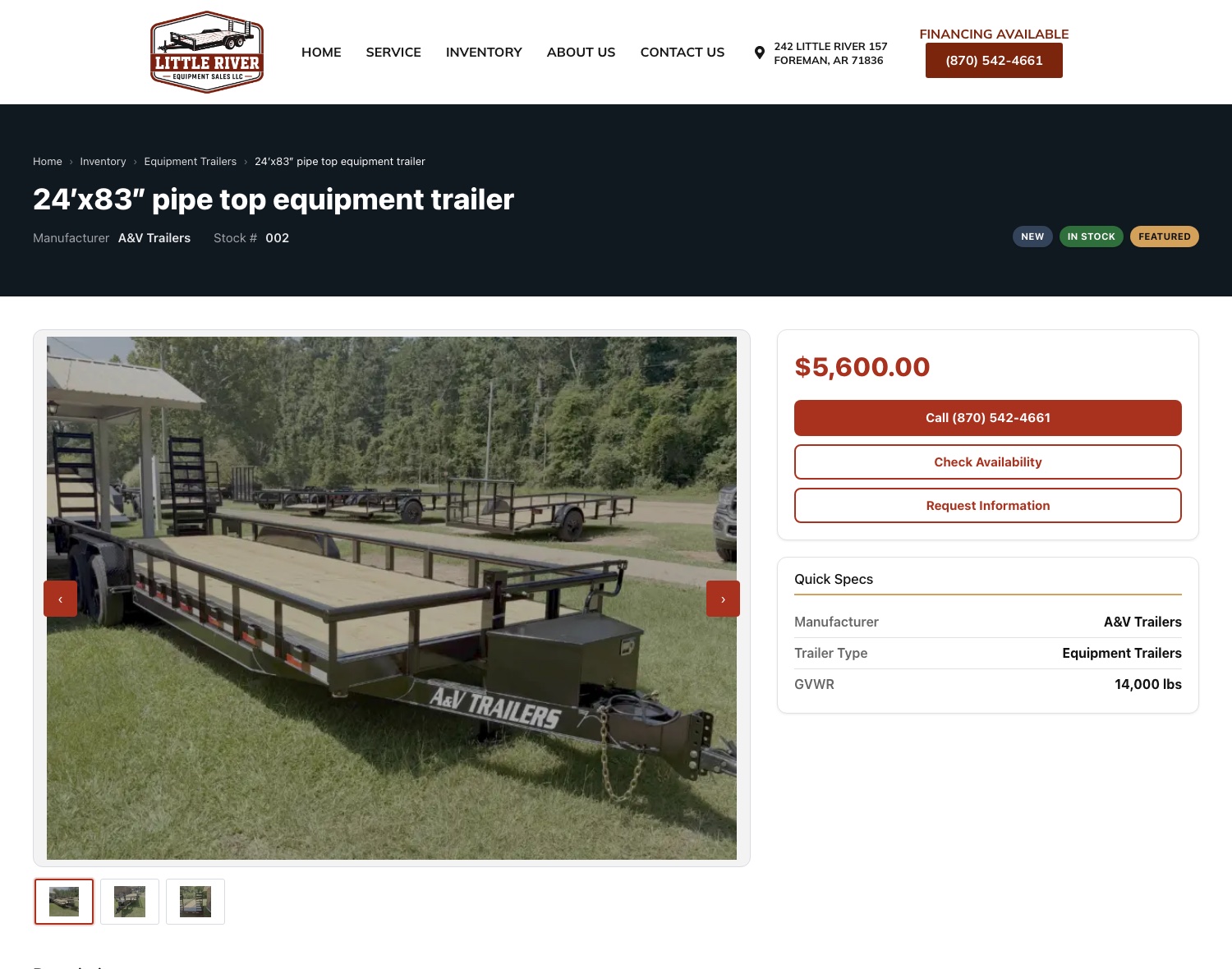 Single trailer listing page built by Trendwise, with photo gallery, price, quick specs and call and quote buttons