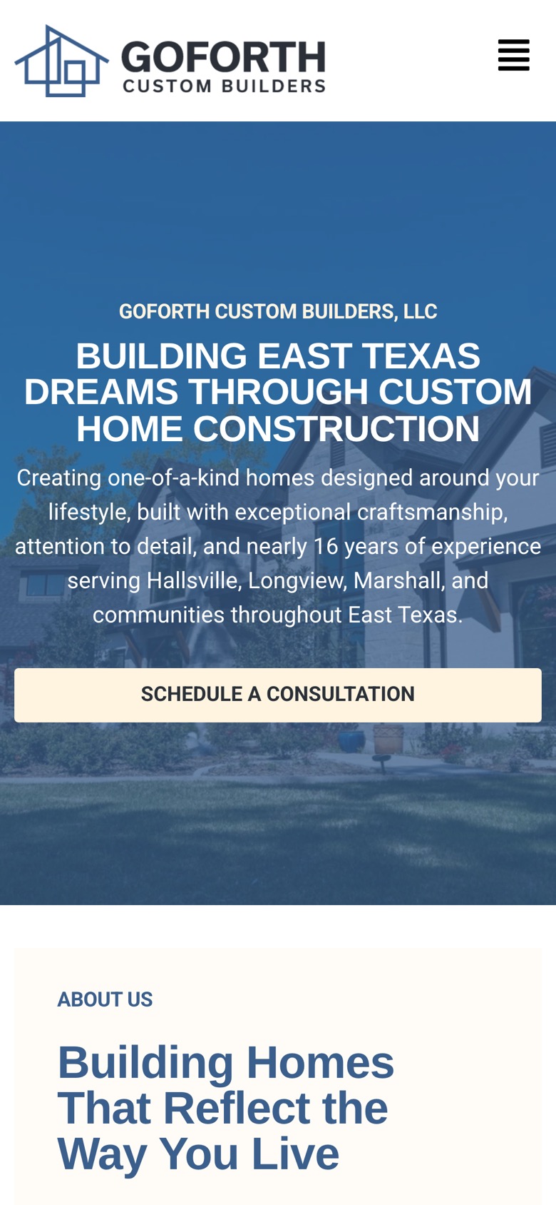 Goforth Custom Builders mobile homepage.