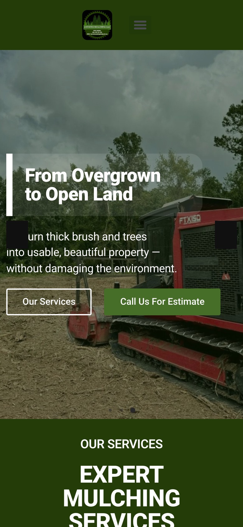 Four State Mulching mobile homepage: a forestry mulcher clearing brush.