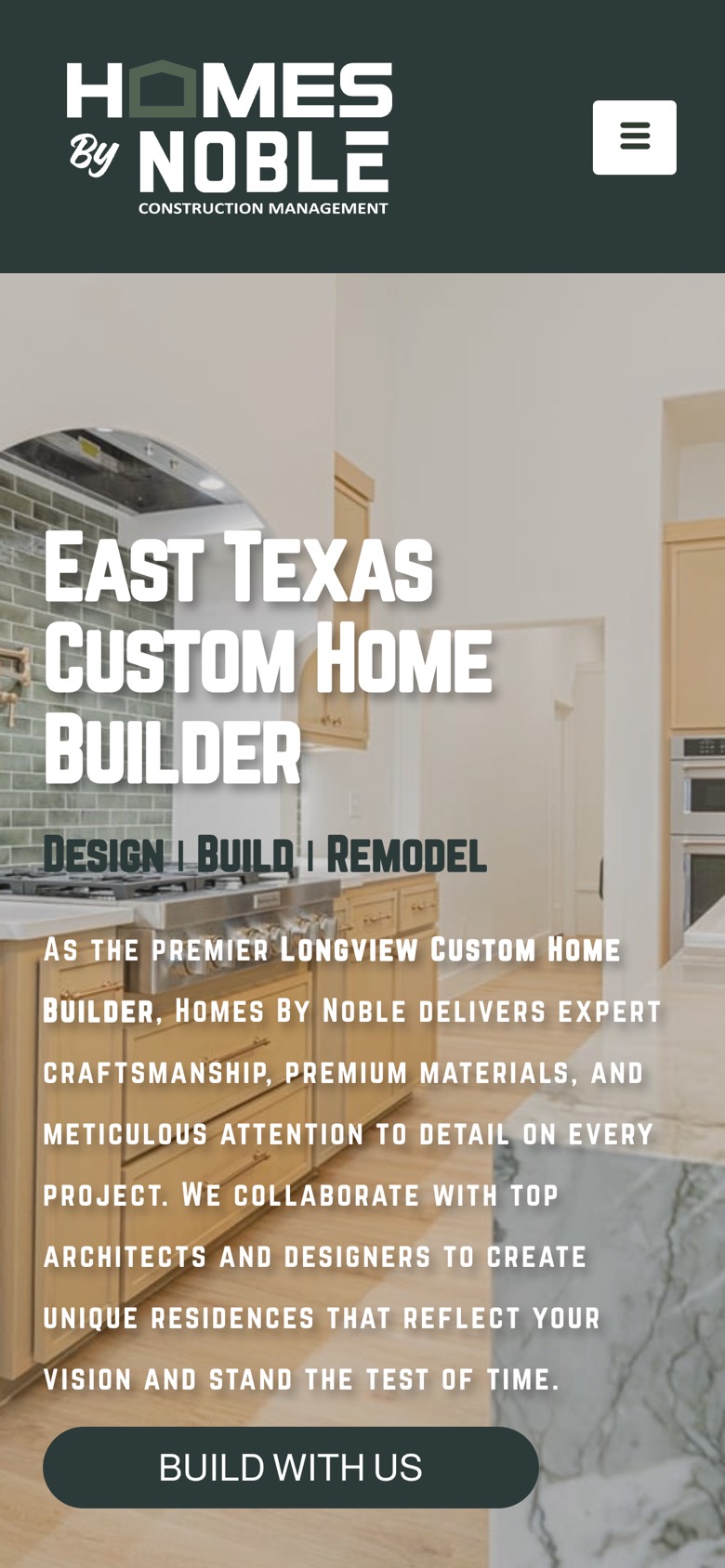 Homes by Noble mobile homepage.
