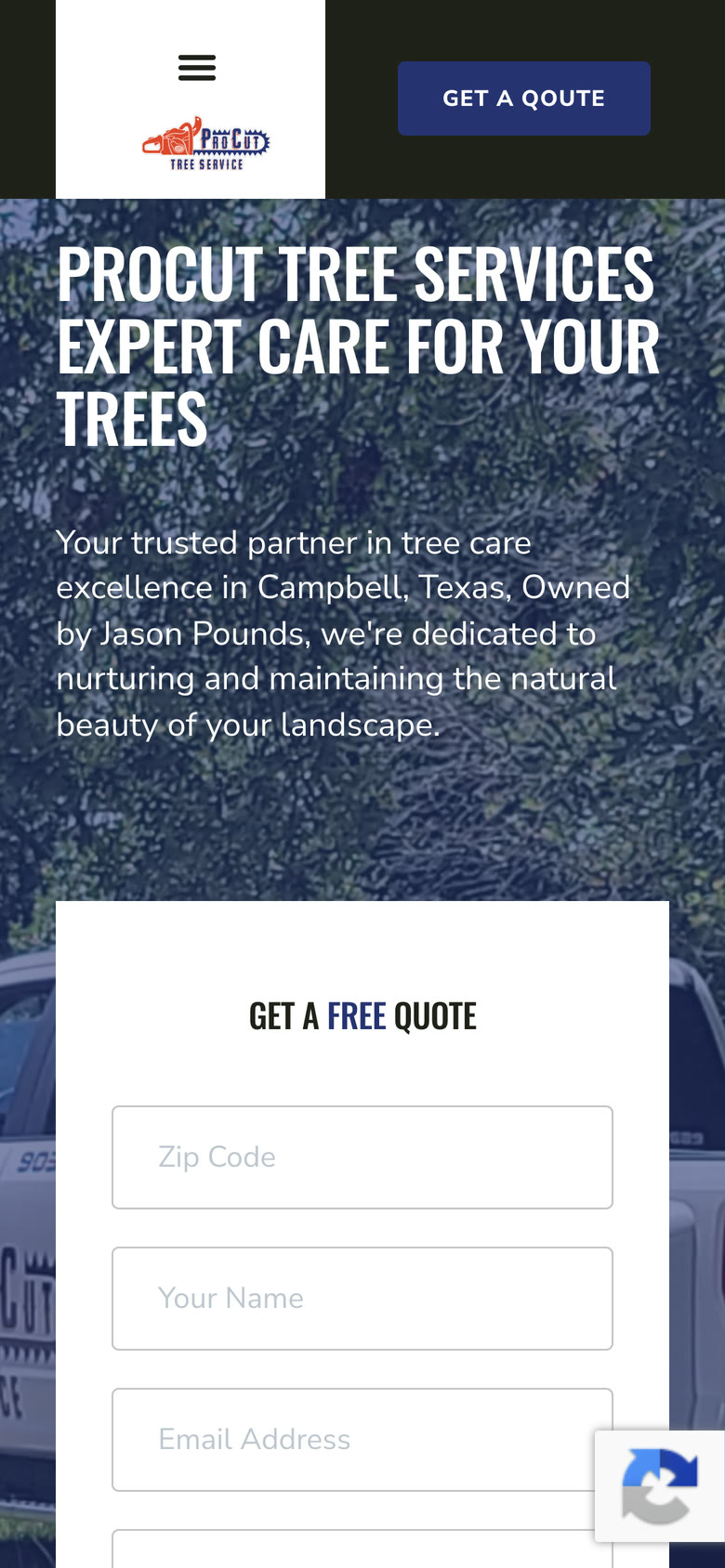ProCut Tree Service mobile homepage.