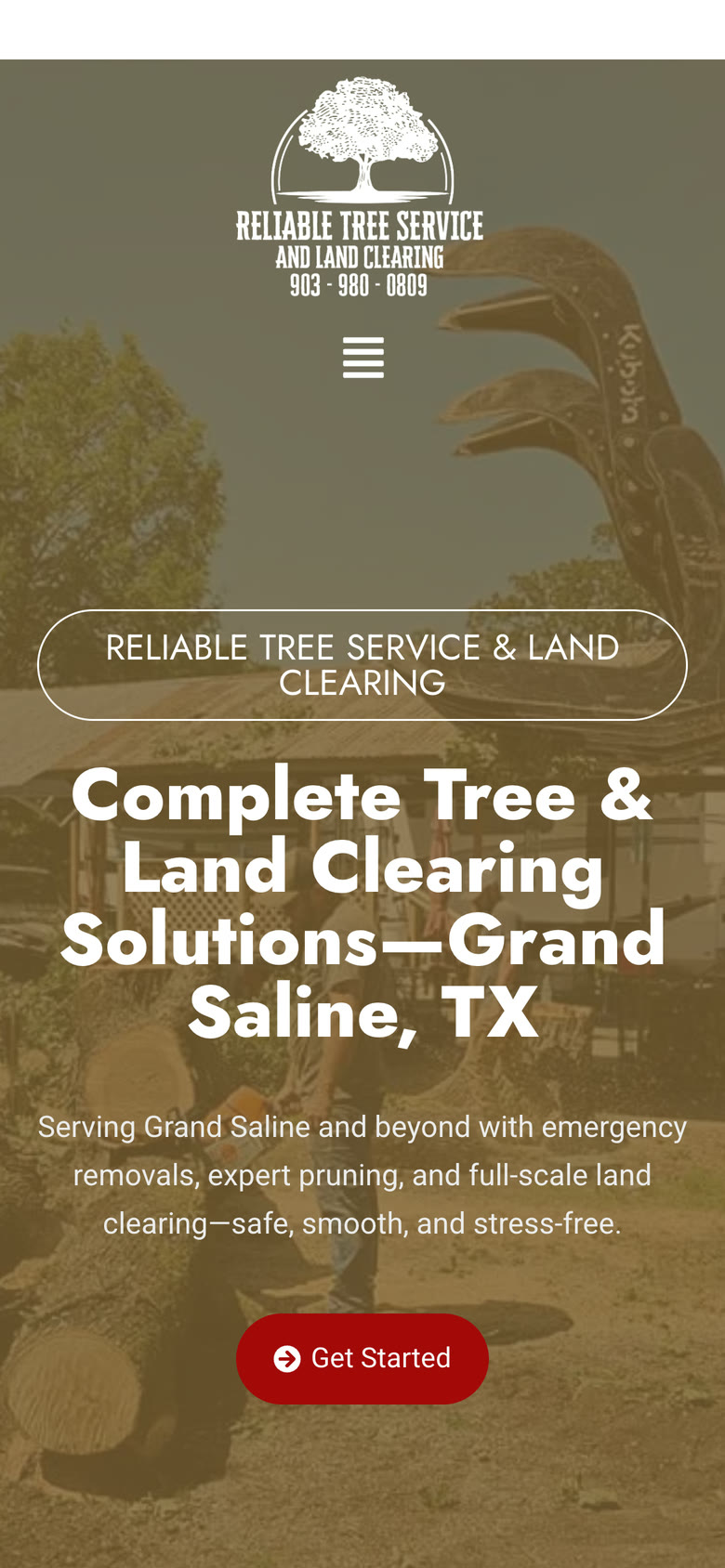 Reliable Tree Service mobile homepage.