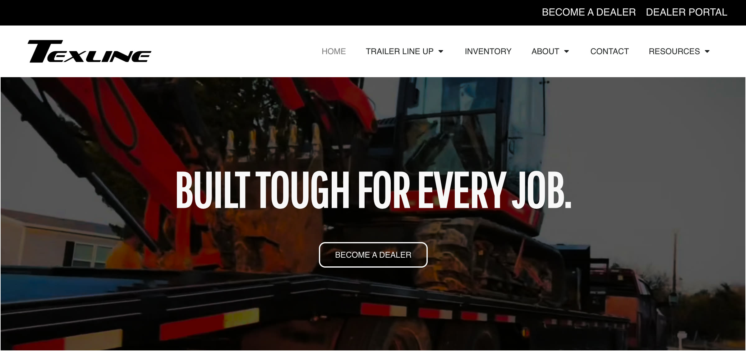 Texline Trailers homepage: an excavator loaded on a gooseneck trailer under the headline Built tough for every job.